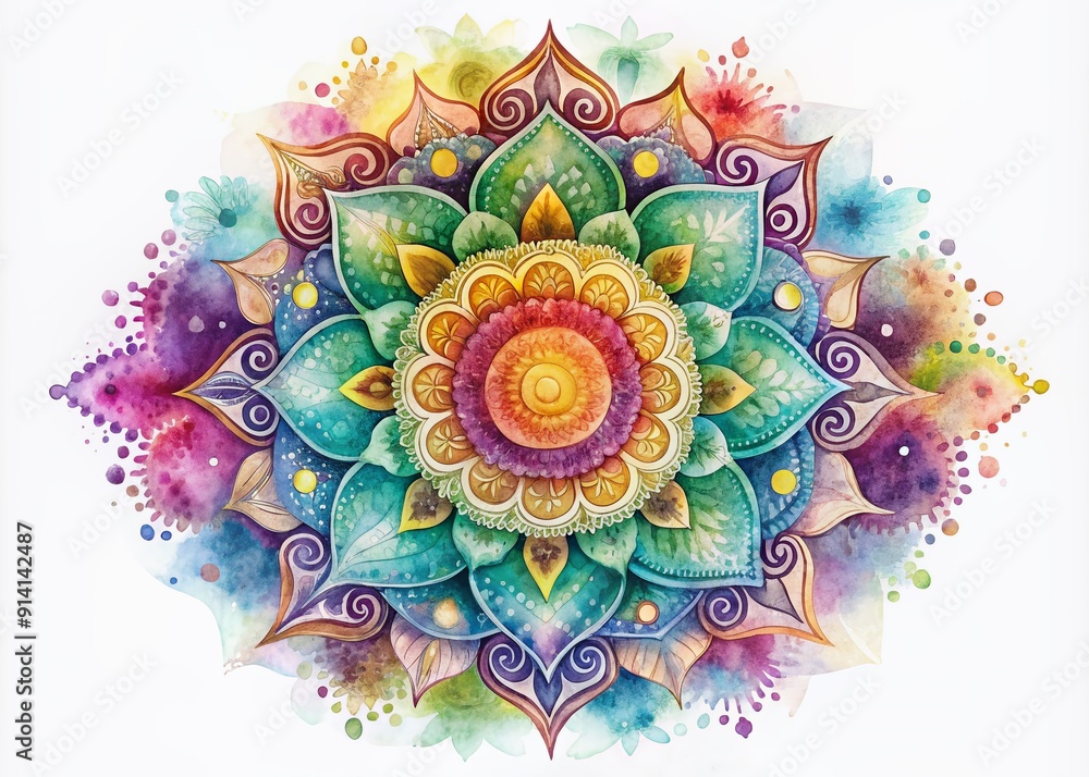 Poster vibrant watercolor mandala with intricate 3d rendering, featuring swirling patterns and delicate tex