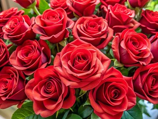 Vibrant red artificial roses with delicate petals and stems, arranged in a romantic bouquet, perfect for Valentine's Day, weddings, or as a lovely decoration.