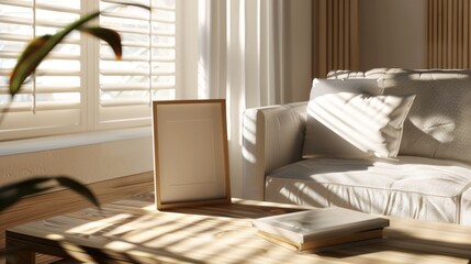 Fototapeta premium A cozy living room with a modern photo frame on a wooden coffee table.