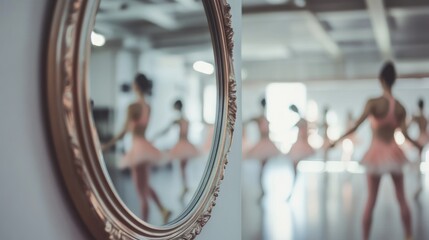 A mirror in a dance studio reflecting ballet dancers in motion, celebrating grace and discipline.