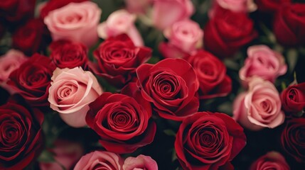 A beautiful close-up of vibrant red and pink roses in full bloom, showcasing their delicate petals and rich colors.