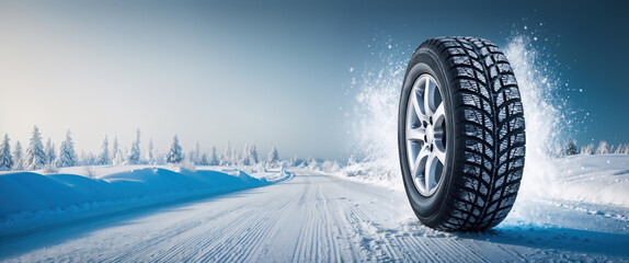 Winter tire moving on a snowy road in a winter landscape