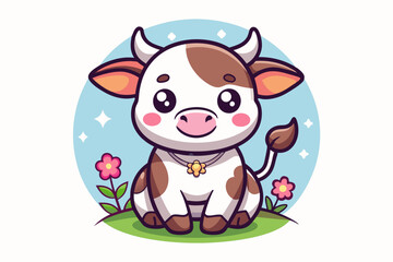 Obraz premium Cute Cartoon Cow with Brown Spots Sitting in a Field with Flowers