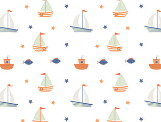 Cute kids' pattern with boats, fish and stars on a white background