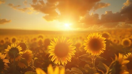 Fototapeta premium A vibrant field of blooming sunflowers bathed in golden sunlight during a picturesque sunset.