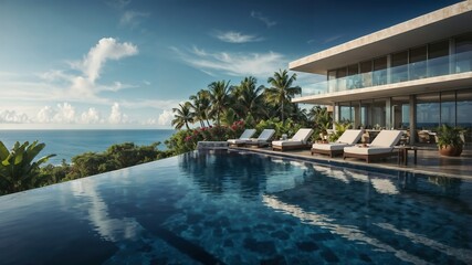 Fototapeta premium Luxurious infinity pool overlooking tropical ocean at a modern villa