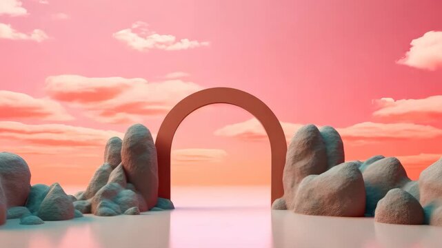 Surreal archway in a rocky landscape with a pink sky