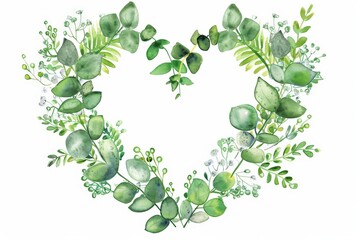 Watercolor floral wreath of greenery, frame heart of green eucalyptus leaves, forest fern, gypsophila illustration isolated on white background