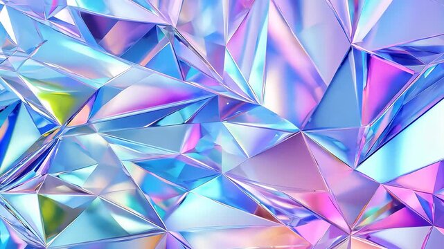 Close-up view of abstract holographic iridescent geometric shapes with vibrant colors, artistic background. Futuristic and modern design concept