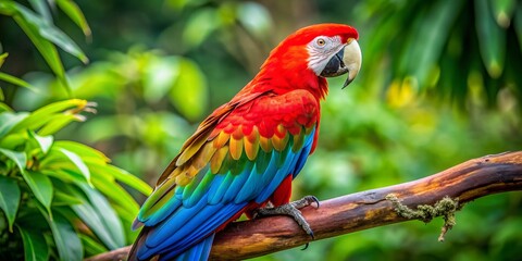 Fototapeta premium Vibrant red-and-green macaw with bright feathers and strong talons perches confidently on a branch, showcasing its striking plumage and regal demeanor in a lush environment.