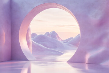 3d of mirror in the desert,  fantasy landscape in the style of light pink and violet