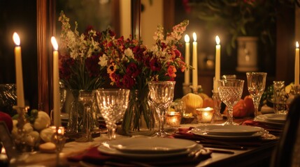 A mirror reflecting a perfectly set dining table with candles and flowers, setting a romantic dinner atmosphere.
