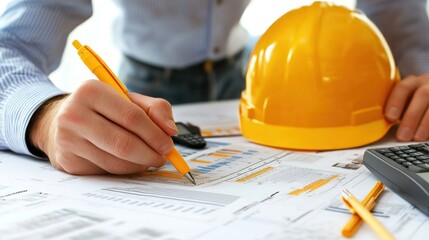 Generate a photo realistic image of a construction project team strategizing budget planning techniques, with detailed financial charts and planning strategies; ensure the image is of high resolution