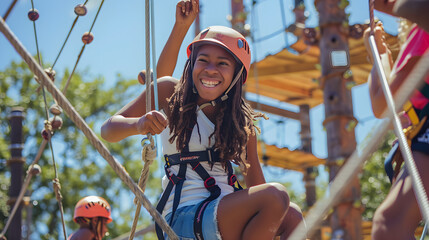 Excited families enjoying nature, activities, and adventure at an outdoor park on a sunny day.