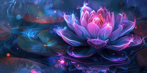 A neon pink flower with blue and pink lights.