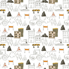 Urban pattern with heavy construction technicians. Simple hand drawn background for boys. Seamless background with cars. Design and Printing, Textiles, Wrapping Paper and Children's Room