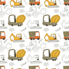 Urban pattern with heavy construction technicians. Simple hand drawn background for boys. Seamless background with cars. Design and Printing, Textiles, Wrapping Paper and Children's Room