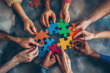 A group of diverse hands holding colorful puzzle pieces that fit together perfectly, symbolizing the idea that each person's unique qualities can contribute to an overall whole or team success