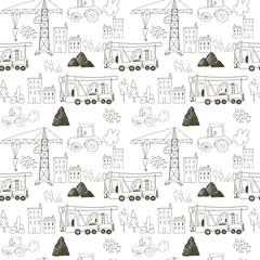 Urban pattern with heavy construction technicians. Simple hand drawn background for boys. Seamless background with cars. Design and Printing, Textiles, Wrapping Paper and Children's Room