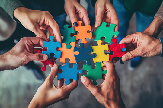 A group of diverse hands holding colorful puzzle pieces that fit together perfectly, symbolizing the idea that each person's unique qualities can contribute to an overall whole or team success