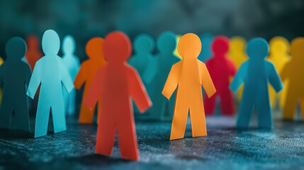 Colorful paper people standing in a row representing a diverse group of society and the social connection concept