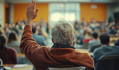 Fototapeta premium Engaged Senior Students Raising Hands in Adult Education Class. Vibrant Retirement Community Learning Experience. Elderly Enrichment Through Lifelong Education. 4K High-Definition Background Illustrat