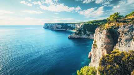 Fototapeta premium Expansive panoramic view of the cliffs and the blue sea, showcasing the rugged coastline and tranquil waters.