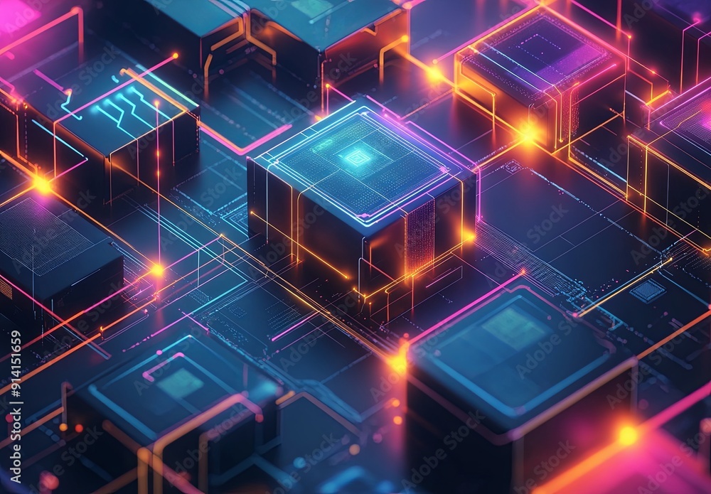 Poster a high-tech isometric pattern featuring interconnected shapes and vibrant colors, evoking a sense of