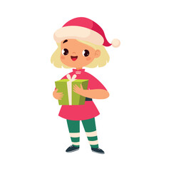 Girl Character with Gift Box Celebrate Christmas Holiday at Winter Vector Illustration