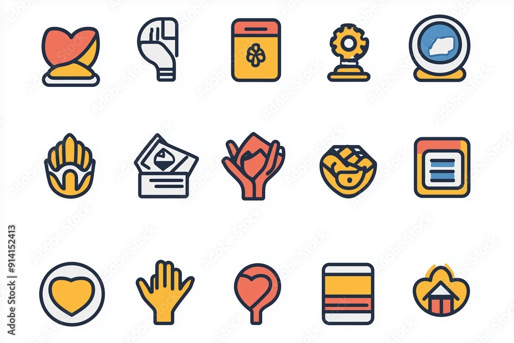 Poster diverse collection of symbols representing emotions, actions, and objects in simple design formats