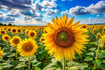 Fototapeta premium Vibrant yellow petals shining bright, a lush field of sunflowers sways gently in the summer breeze, showcasing nature's beauty and agricultural abundance.