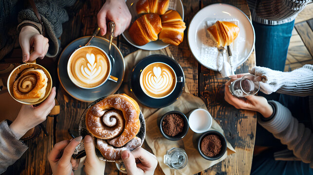 Two friends sit happily chatting over cups of aromatic coffee topped with cinnamon at caf&eacute;.
