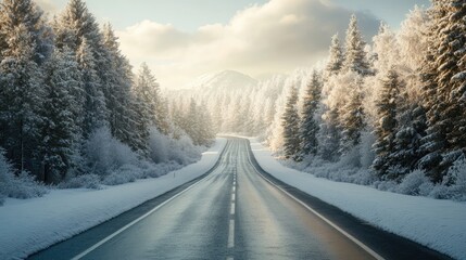 A picturesque road through a snowy forest, with a peaceful, wintery scene and ample space for a message.