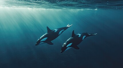 Obraz premium Orca whales swimming together in the vast ocean, showcasing the beauty and grace of these powerful creatures.