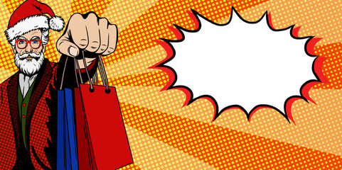 Modern Santa Claus in red hat holding shopping bags. Promotional banner with speech bubble copy space. Retro pop art comic style. New year and Christmas sale and winter special offer.