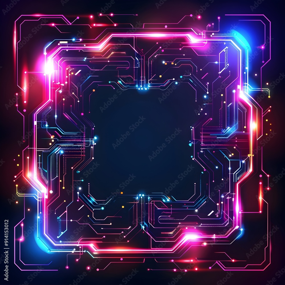 Poster futuristic neon tech frame with sleek circuit pattern on dark background concept