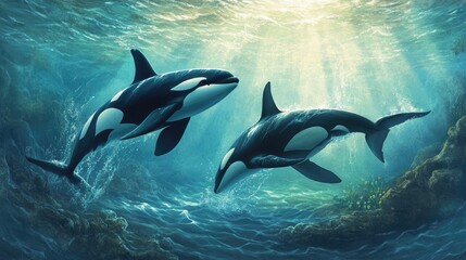 Pair of orca whales gracefully moving through the ocean waters, with an atmosphere both attractive and serene.