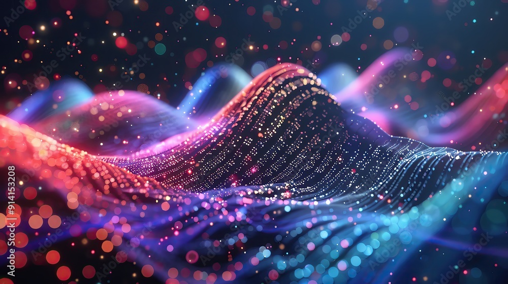 Poster colorful abstract wave with luminous particles and digital elements, creating a dynamic and vibrant 