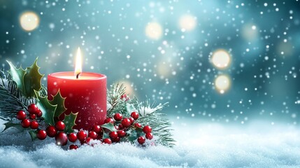 A Christmas candle with holly berries on a snowy background