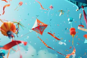 A Chinese kite festival with 3D models of kites and strings on a bright blue background a moment of joy