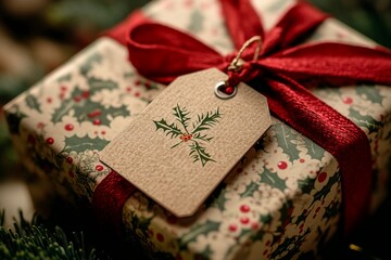 A Christmas gift tag on a present with a bow background