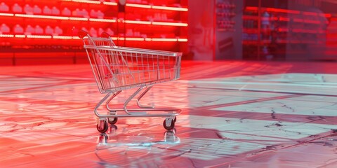 Empty shopping cart on red floor.
