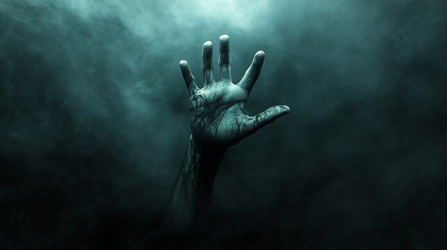 A ghostly hand reaching out on a dark eerie background