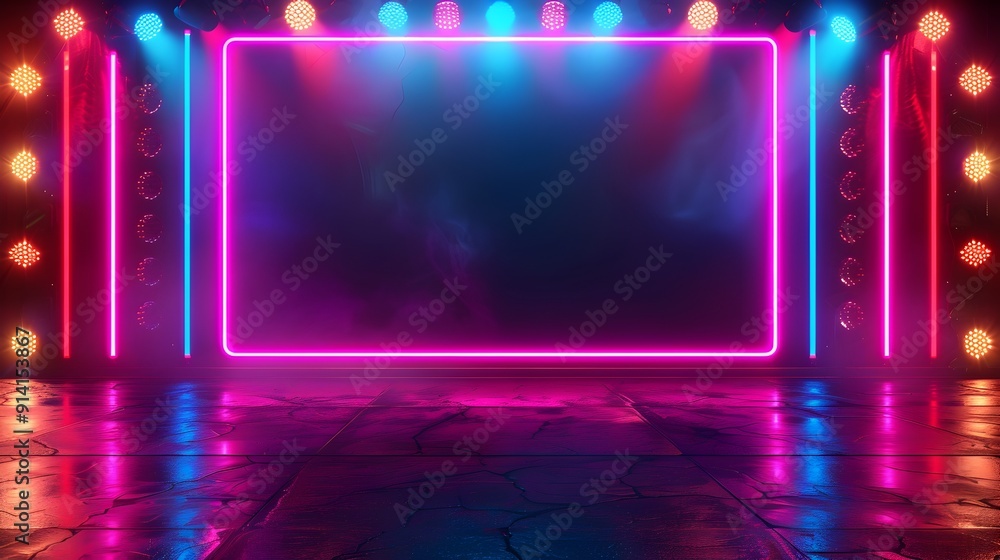 Poster retro neon frame with vintage patterns on dark moody background vibrant digital concept backdrop