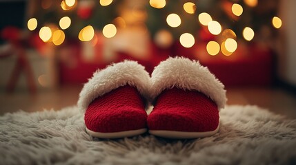 A pair of cozy Christmas slippers on a holiday background