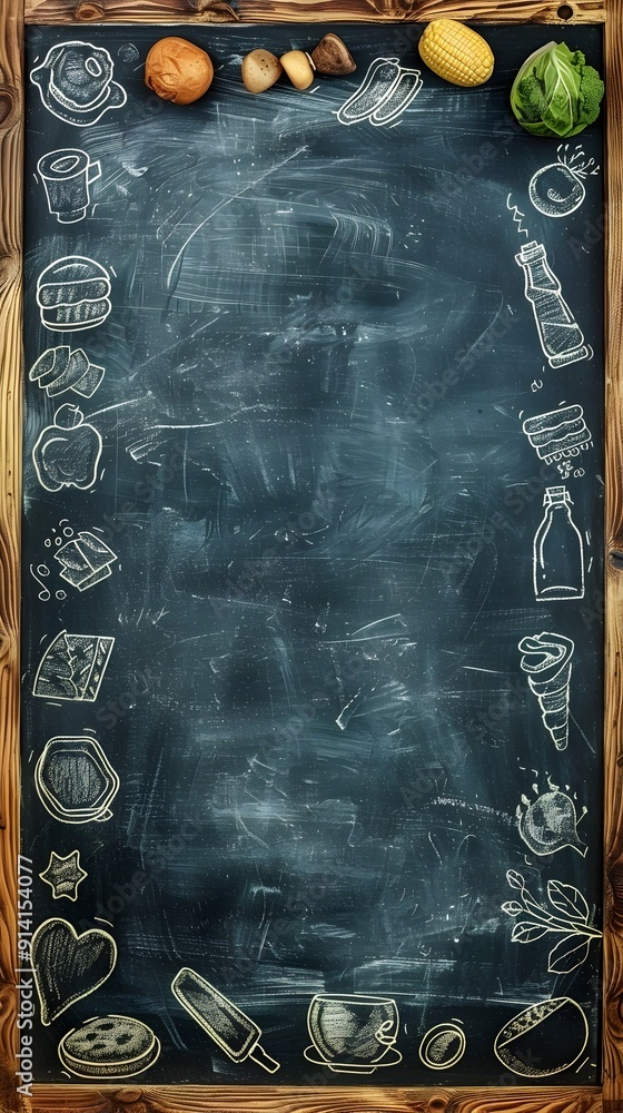 Aufkleber rustic chalkboard frame with hand drawn culinary elements and copy space