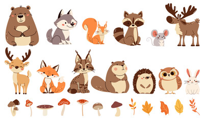 Set of flat vector illustrations. Forest animals, bear mouse hare elk deer hedgehog fox squirrel raccoon beaver lynx owl mushrooms, fall leaves . Vector illustration