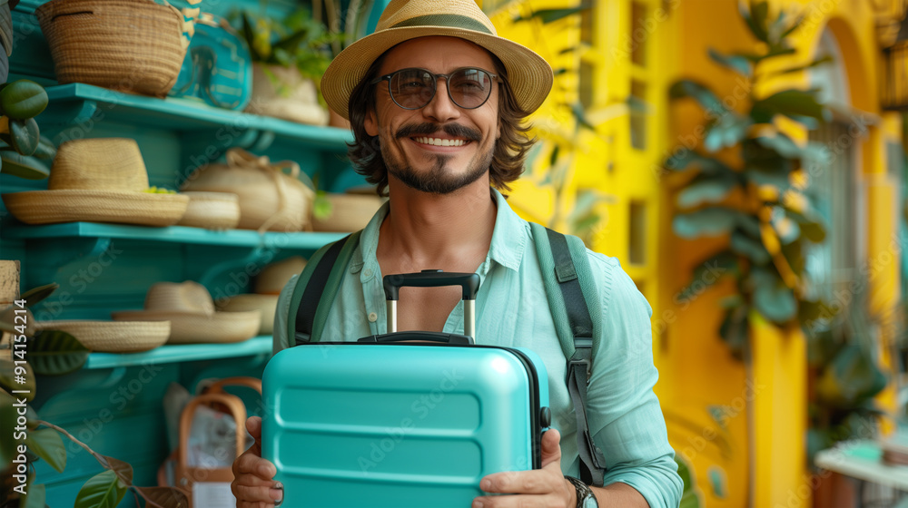 Wall mural a traveler dressed in vacation clothes, hat and colorful shirt carrying a suitcase, ready to go on s