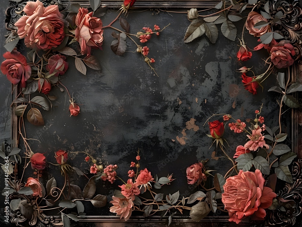Poster dramatic gothic frame with dark roses and intricate patterns on a black background mysterious botani