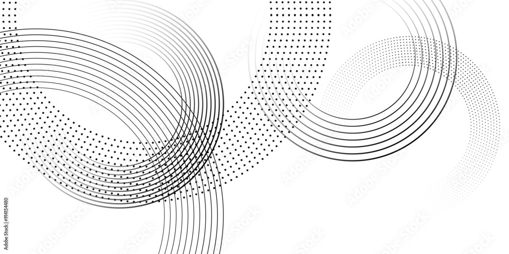 Poster abstract white background with black circle rings. spiral sound wave rhythm line and dots dynamic ab